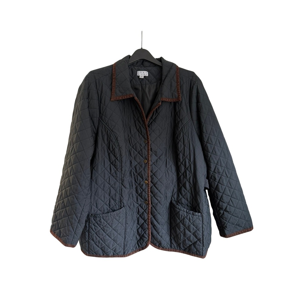 Joan Rivers Black Quilted Barn Jacket Brown Trim Button Front Plus Size 3X